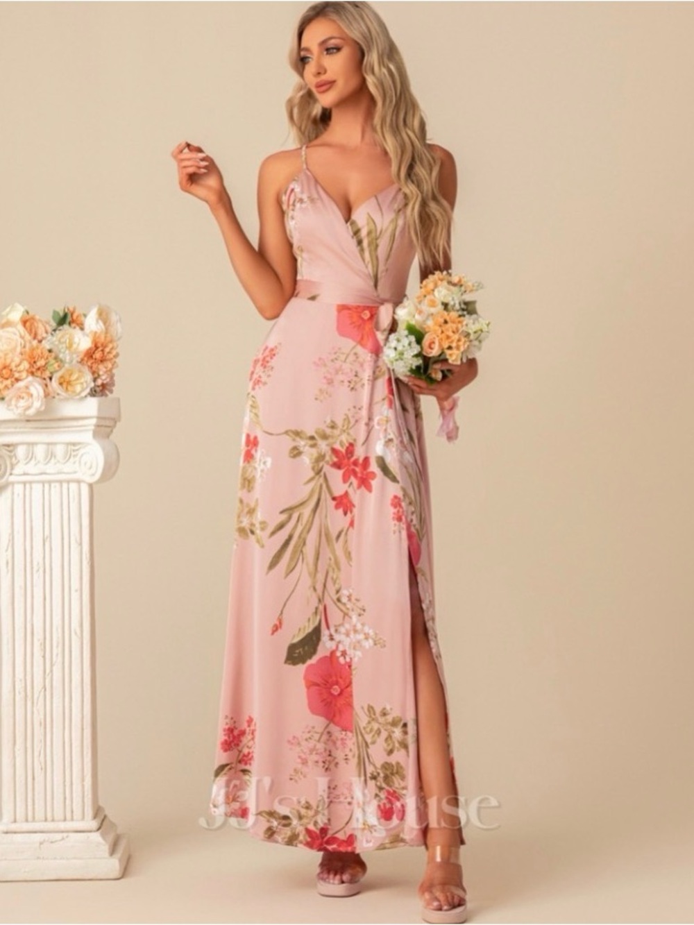 JJs House Pink Floral Wrap Maxi Dress with Side Slit NWT size XL